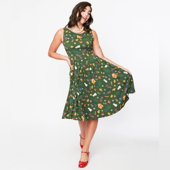 Unique Vintage/Miss Lulo Forest Green Fairy Tale Holiday Dress Size XL - Picture 3 of 10